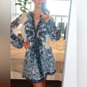 White House Black Market Blue and White Long Sleeve Dress